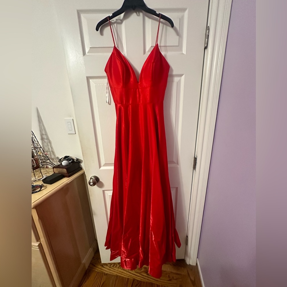 Camille La Vie Satin Spaghetti Slip Ball Gown